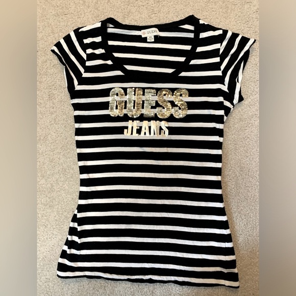 Guess Women Black White Stripe Gold Sequin Logo T-shirt Size Medium - Picture 2 of 8